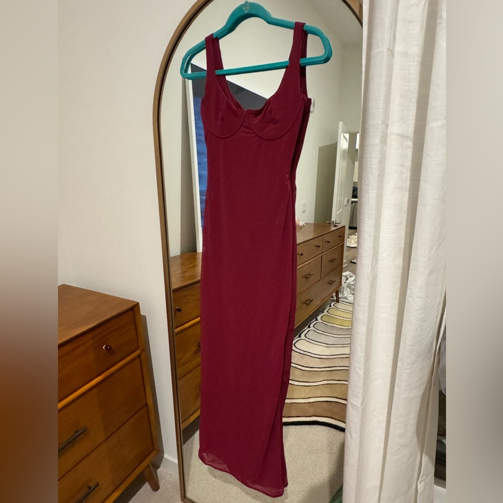 House of CB Robina Sheet Mesh Overlay Burgundy Maxi Cocktail Dress